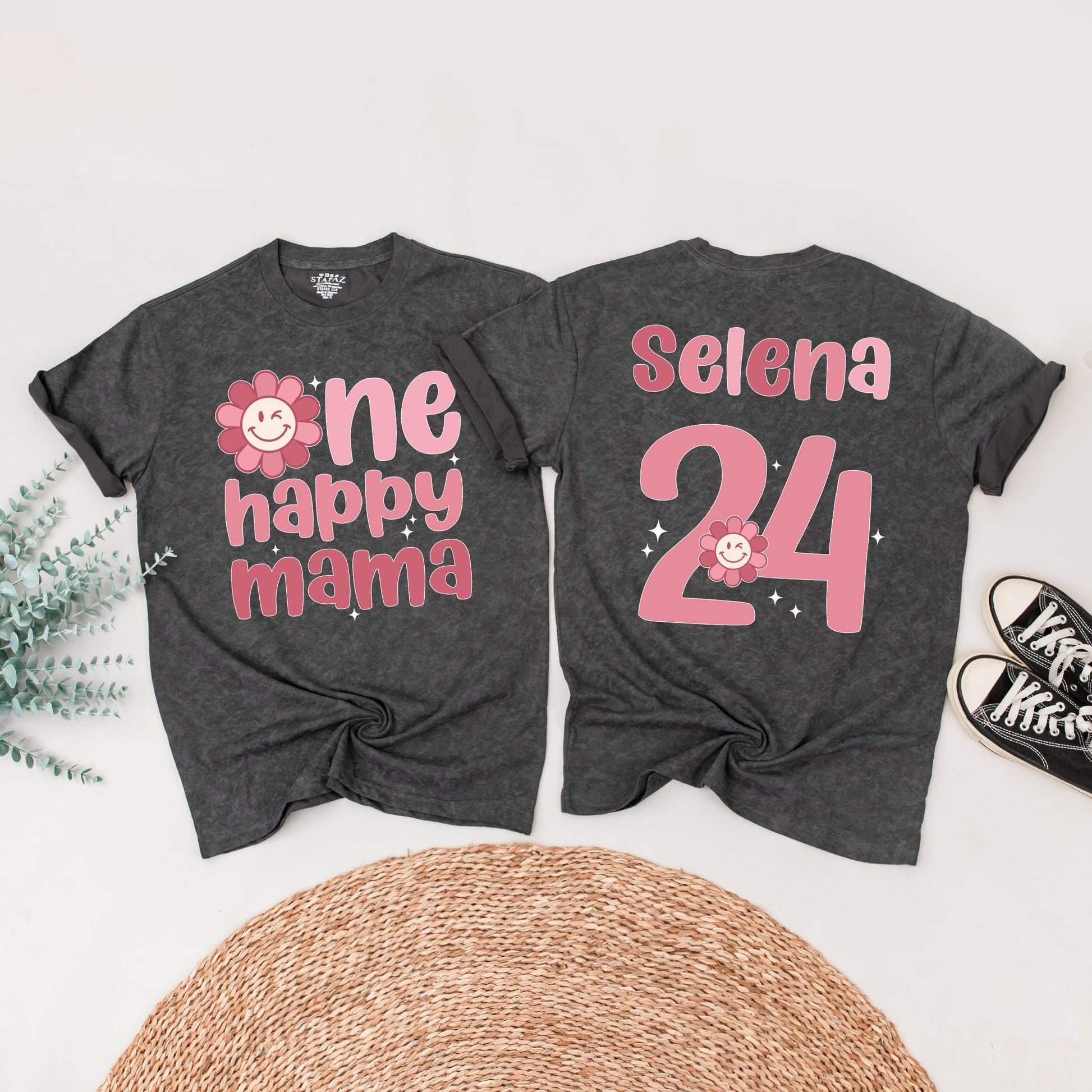 Personalized One Happy Girl First Birthday Shirt Matching Family Mama Tee Retro Pink Daisy Outfit with Smiley Face Starburst Design