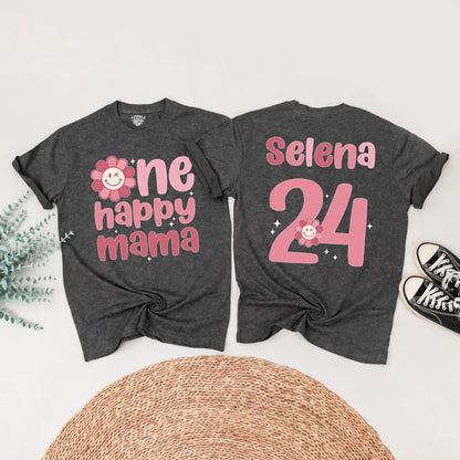 Personalized One Happy Girl First Birthday Shirt Matching Family Mama Tee Retro Pink Daisy Outfit with Smiley Face Starburst Design
