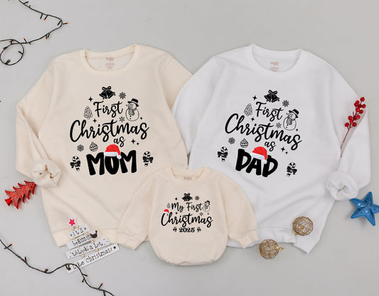 First Christmas As Family Matching Sweatshirts Red Santa Hat 2025 Merry Mama Dad Mom Baby Romper