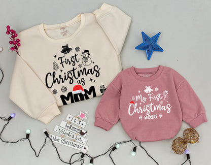 First Christmas As Family Matching Sweatshirts Red Santa Hat 2025 Merry Mama Dad Mom Baby Romper