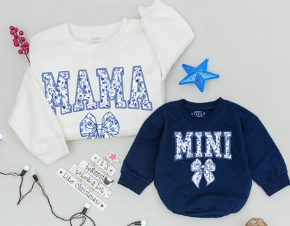 Chinoiserie Mama and Mini Matching Sweatshirts, Blue Floral Bow Design, Mommy and Me Family Outfits, New Mom Baby Girl Gift, Soft Toddler Clothes