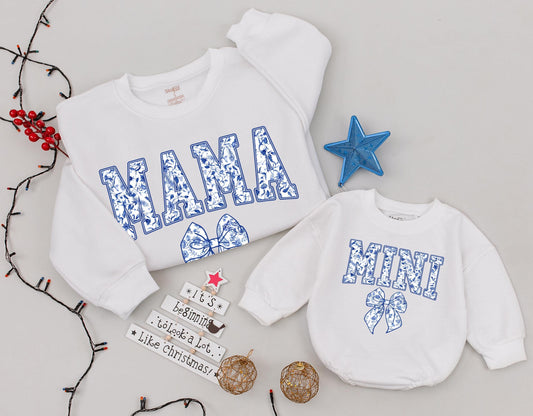 Chinoiserie Mama and Mini Matching Sweatshirts, Blue Floral Bow Design, Mommy and Me Family Outfits, New Mom Baby Girl Gift, Soft Toddler Clothes