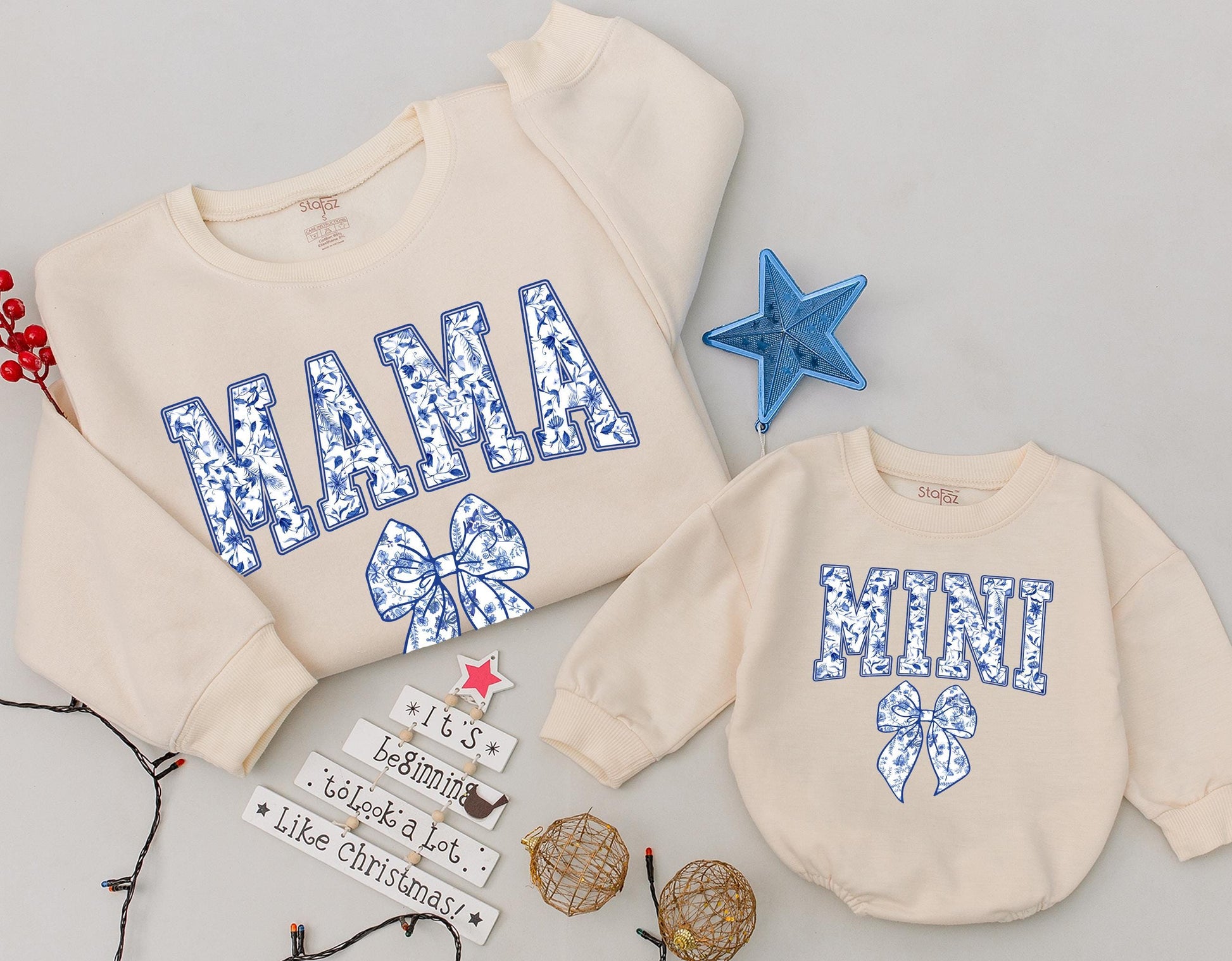 Chinoiserie Mama and Mini Matching Sweatshirts, Blue Floral Bow Design, Mommy and Me Family Outfits, New Mom Baby Girl Gift, Soft Toddler Clothes