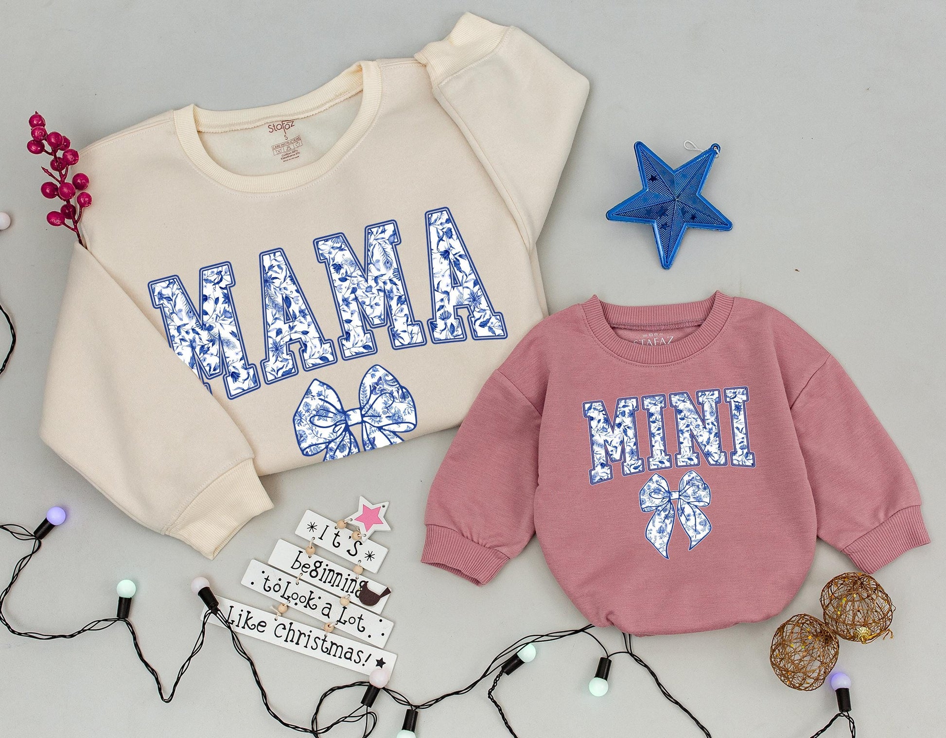 Chinoiserie Mama and Mini Matching Sweatshirts, Blue Floral Bow Design, Mommy and Me Family Outfits, New Mom Baby Girl Gift, Soft Toddler Clothes