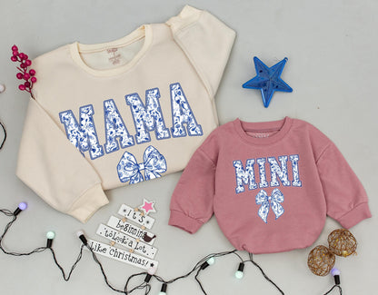 Chinoiserie Mama and Mini Matching Sweatshirts, Blue Floral Bow Design, Mommy and Me Family Outfits, New Mom Baby Girl Gift, Soft Toddler Clothes