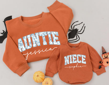 Blue Floral Auntie & Niece Matching Sweaters Set, Vintage Style Baby Romper, Custom Name Family Outfits, Cute Toddler Gift, Chinoiserie Jessica Sophia (139)