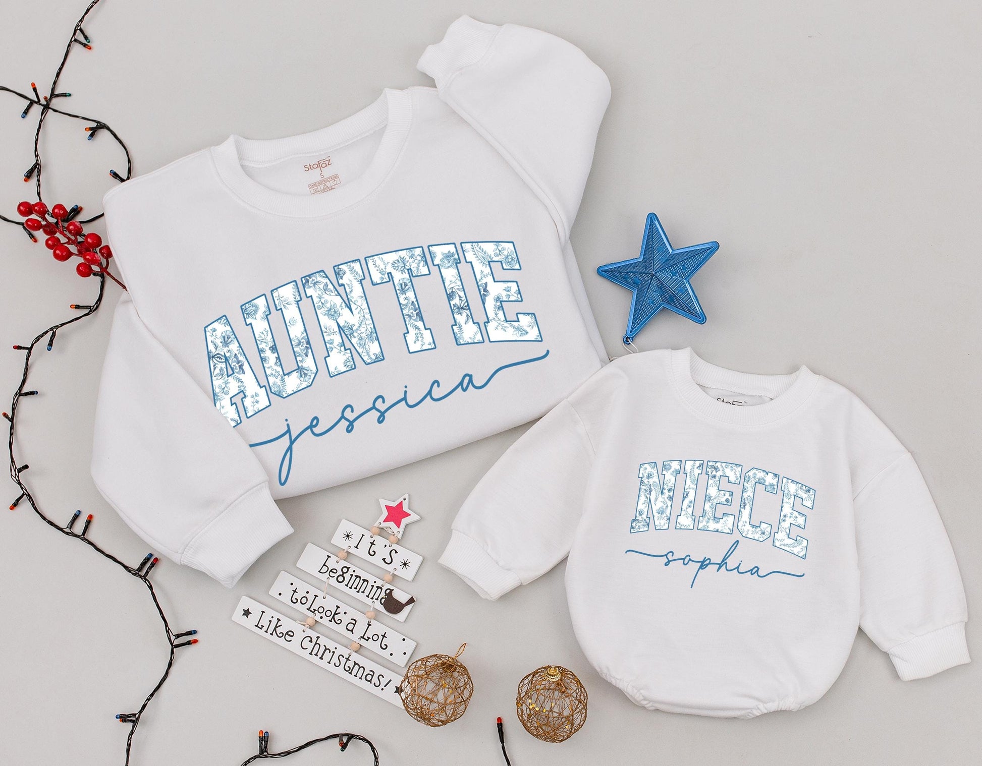 Blue Floral Auntie & Niece Matching Sweaters Set, Vintage Style Baby Romper, Custom Name Family Outfits, Cute Toddler Gift, Chinoiserie Jessica Sophia (139)