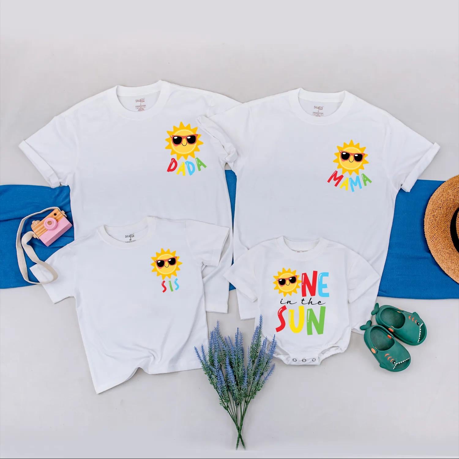 Custom First Birthday Family Matching Shirts Yellow Sun Sunglasses Outfit Baby Toddler Kids Summer Party Celebration Gift