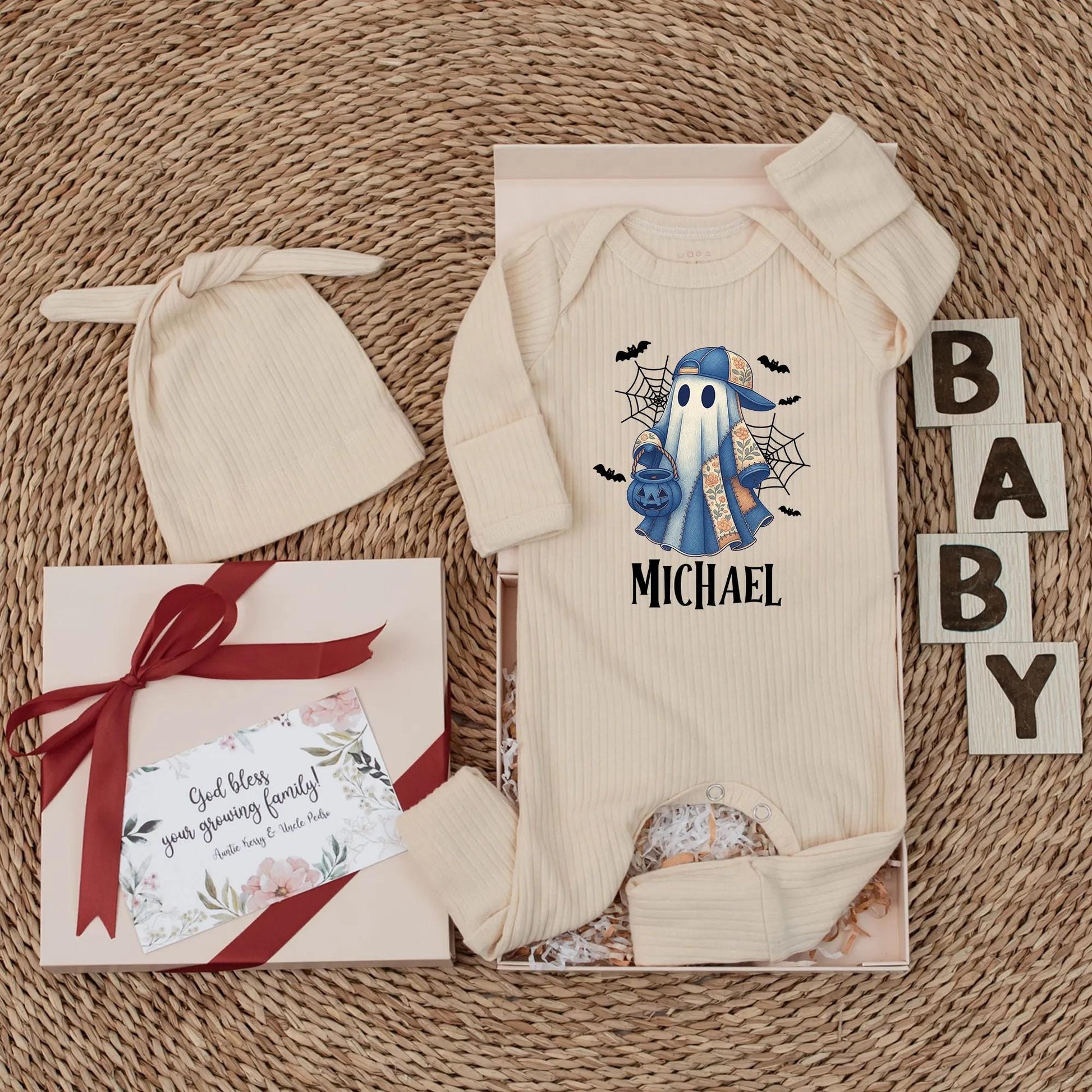 Personalized Michael Ghost Halloween Baby Bodysuit Vintage Blue Cap Boo Romper Spooky Baby Shower Gift Coming Home Outfit Cotton Comfort
