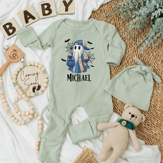 Personalized Michael Ghost Halloween Baby Bodysuit Vintage Blue Cap Boo Romper Spooky Baby Shower Gift Coming Home Outfit Cotton Comfort