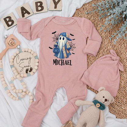 Personalized Michael Ghost Halloween Baby Bodysuit Vintage Blue Cap Boo Romper Spooky Baby Shower Gift Coming Home Outfit Cotton Comfort