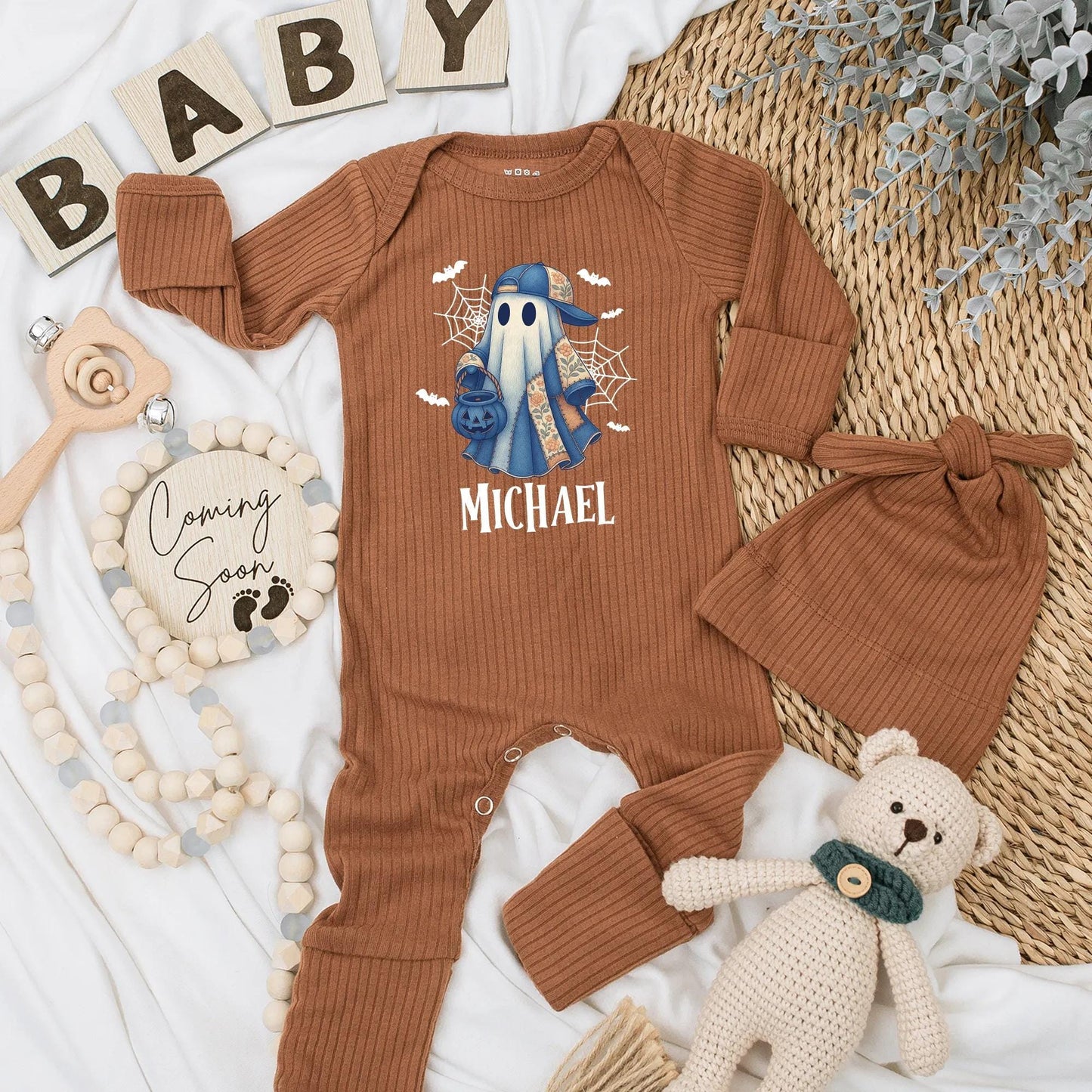 Personalized Michael Ghost Halloween Baby Bodysuit Vintage Blue Cap Boo Romper Spooky Baby Shower Gift Coming Home Outfit Cotton Comfort