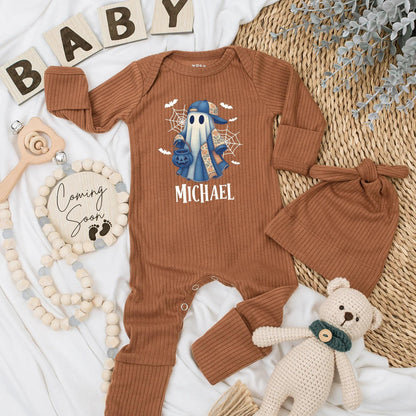 Personalized Michael Ghost Halloween Baby Bodysuit Vintage Blue Cap Boo Romper Spooky Baby Shower Gift Coming Home Outfit Cotton Comfort