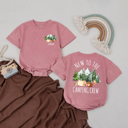 Personalized 'New to the Camping Crew' Baby Romper, Custom Boy Summer Outfit with Trees, Tent & Animals, Baby's First Camping Trip Gift