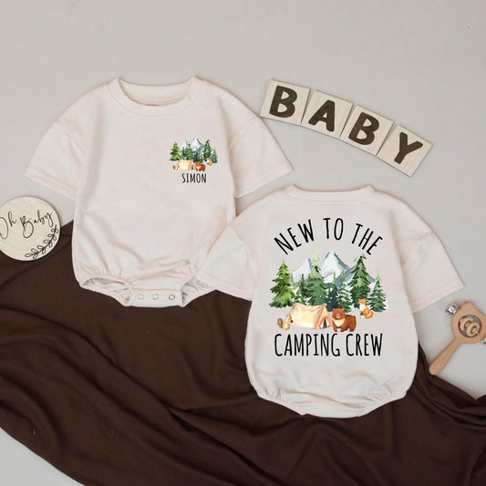 Personalized 'New to the Camping Crew' Baby Romper, Custom Boy Summer Outfit with Trees, Tent & Animals, Baby's First Camping Trip Gift