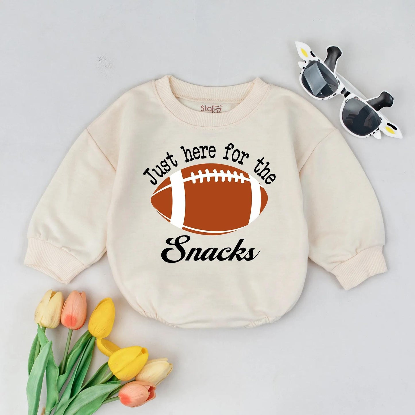 Just Here for Snacks Football Romper, Game Day Outfit, Funny Baby Bodysuit, Sport Theme, White Accents, Football Lover Baby Shower Gift, Brown Football (140)