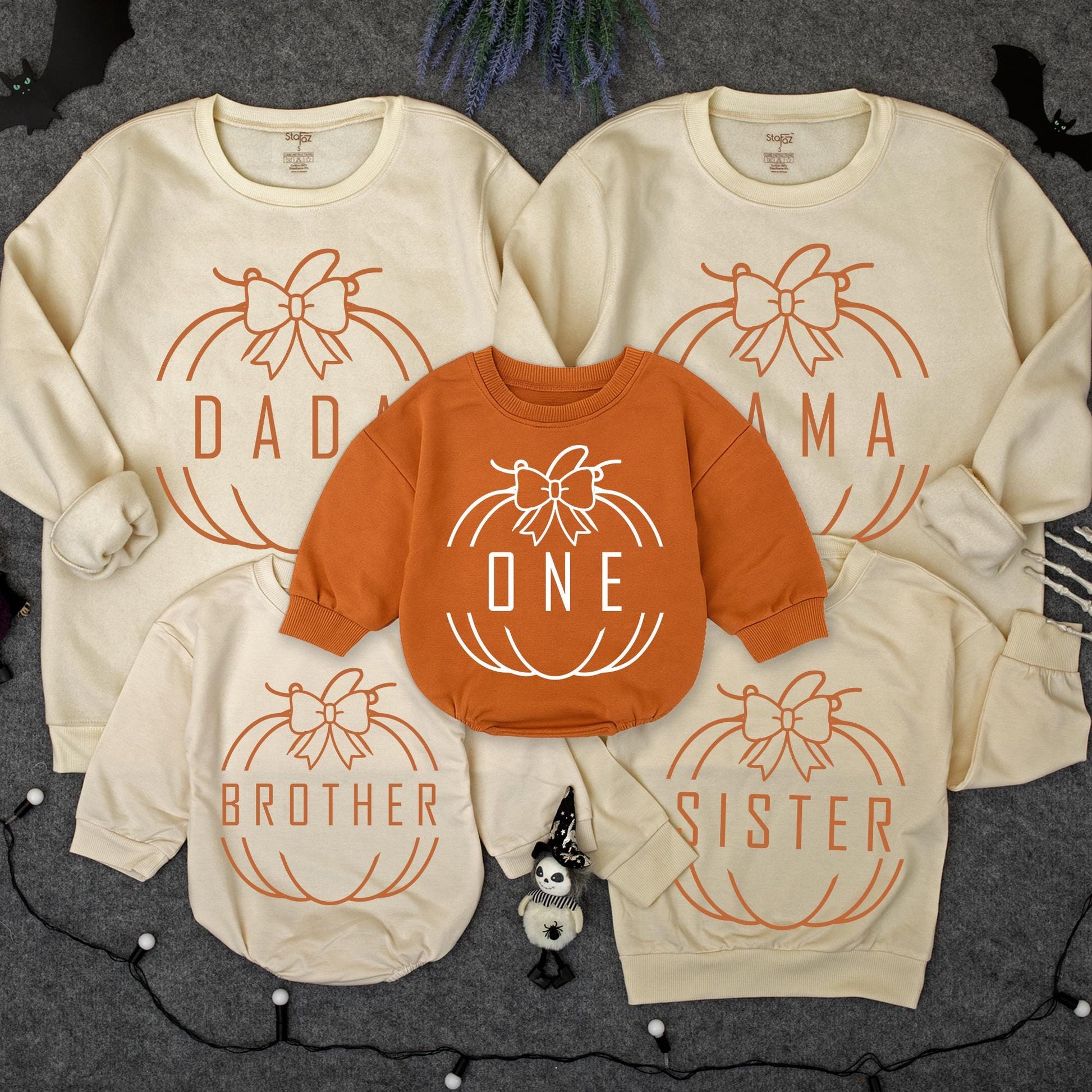 One Little Pumpkin First Birthday Family Matching Sweatshirts Cute Bow Graphic for Mom Dad Brother Sister Toddler Baby Fall Party Outfits