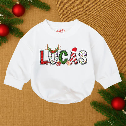 Lucas' 1st Christmas Romper: Festive Baby's First Christmas Outfit, Holiday Name Design Newborn Romper, Candy Cane, Gingerbread Man, Reindeer Antlers, Cozy