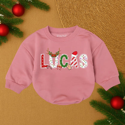 Lucas' 1st Christmas Romper: Festive Baby's First Christmas Outfit, Holiday Name Design Newborn Romper, Candy Cane, Gingerbread Man, Reindeer Antlers, Cozy