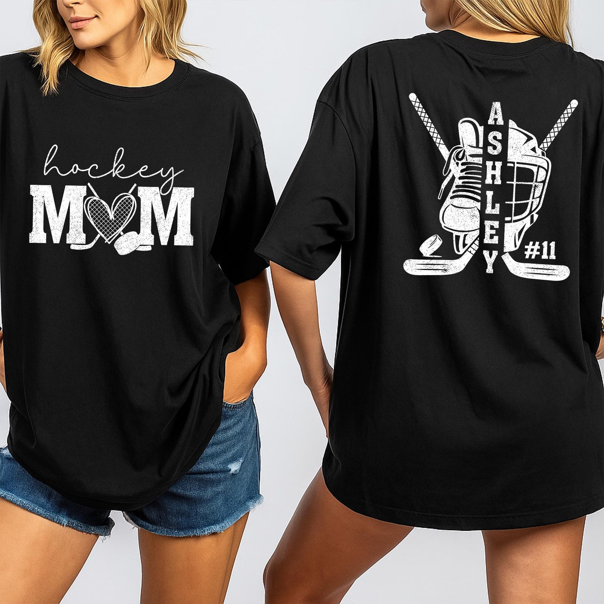 Custom Hockey Mom Shirt with Kid Name and Number Bold Sports Design Ashley #11 Personalized Hockey Mom Tee for Game Day Spirit