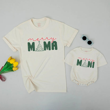 Merry Mama and Mini Christmas Sweatshirt Set, Festive Mom Daughter Matching Outfits, Vintage Style Holiday Sweatshirts, Santa Baby Girl Outfit (139 chars)