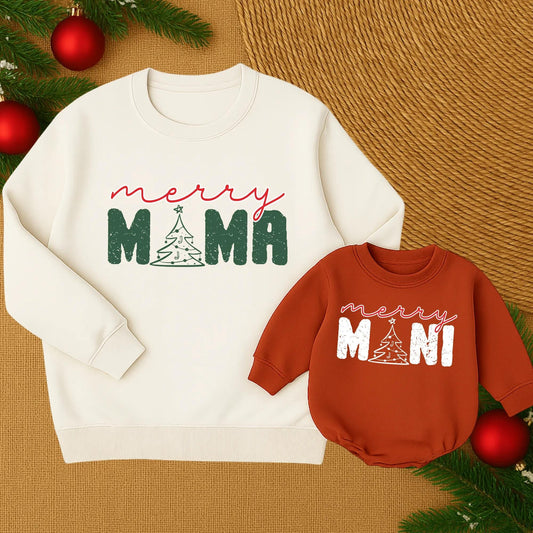 Merry Mama and Mini Christmas Sweatshirt Set, Festive Mom Daughter Matching Outfits, Vintage Style Holiday Sweatshirts, Santa Baby Girl Outfit (139 chars)