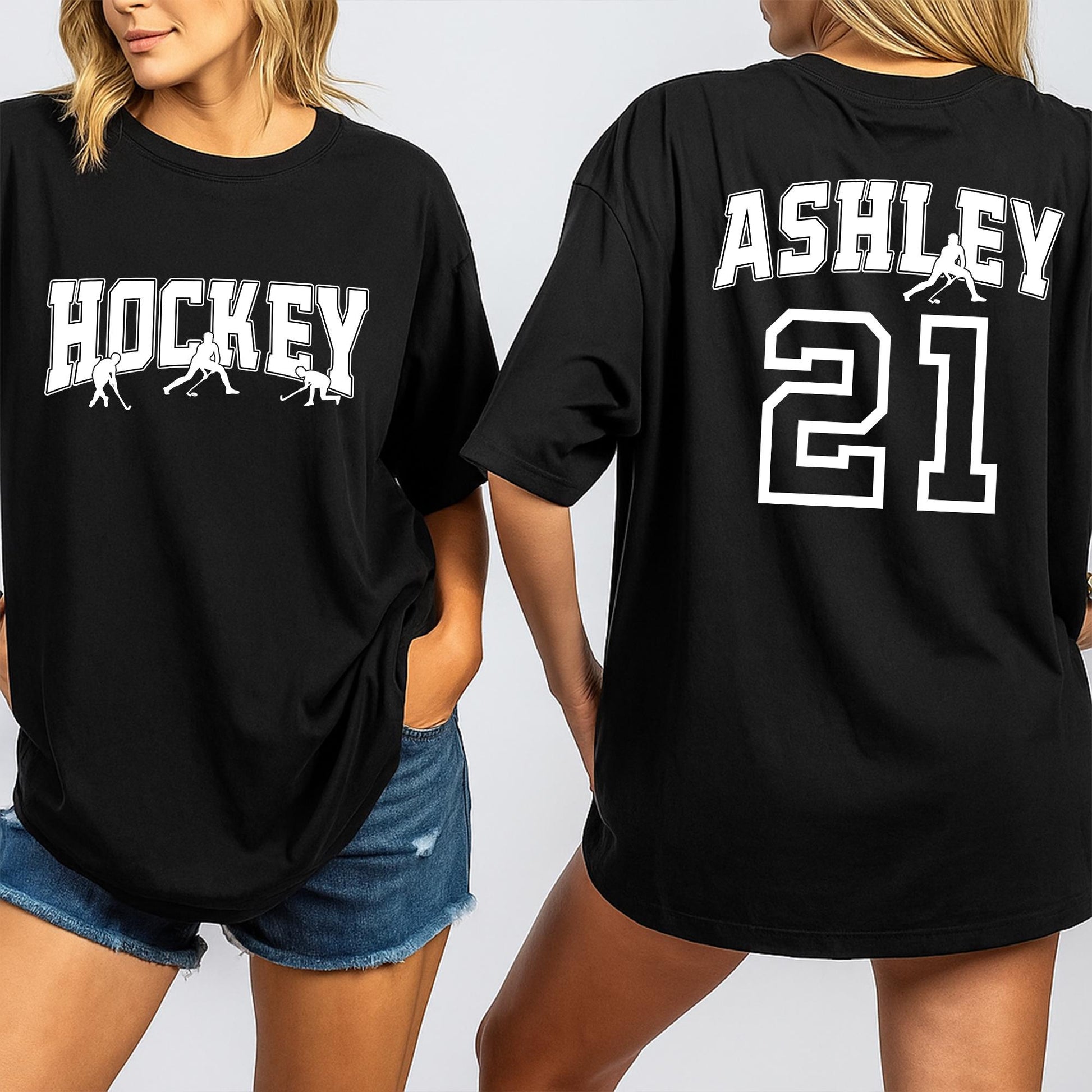 Personalized Hockey Shirt with Your Name & Number, Bold Black White Design Ice Hockey Player Team Fan Game Day Gift for Mom Coach Lover Apparel