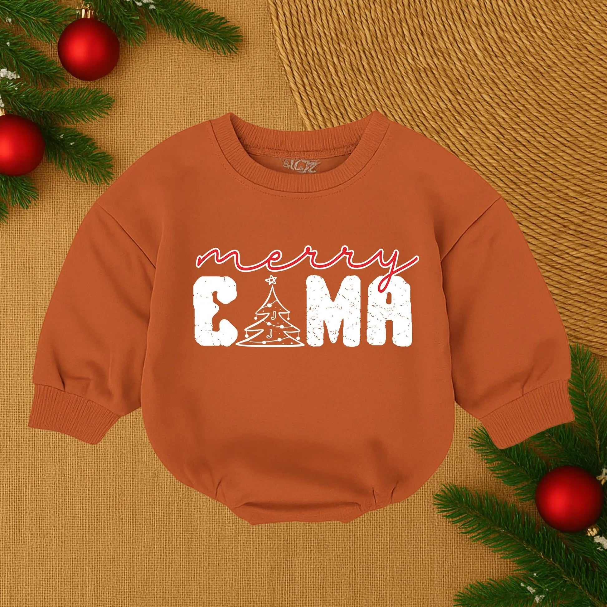 Merry CAMA Christmas Baby Romper with Tree Design Festive Newborn Outfit, Baby Bubble Romper, First Christmas, Cozy Outfit Gift