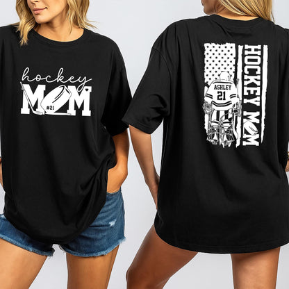 Custom Hockey Mom Shirt with Ashley 21 Name and Number, Bold Script Hockey MOM Puck Design & Flag Goalie Uniform for Sports Fan