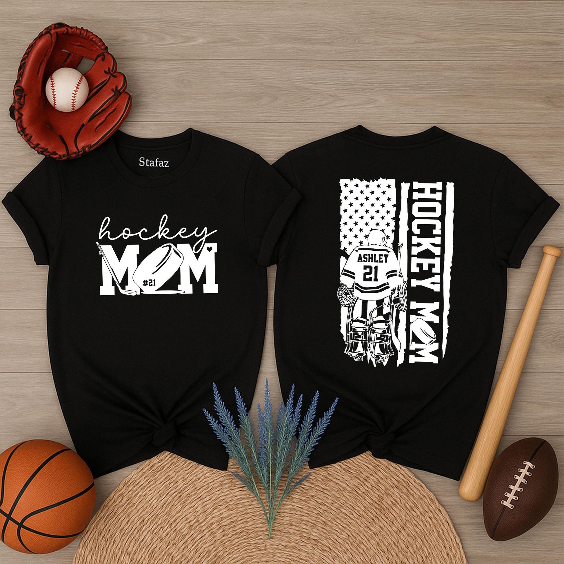 Custom Hockey Mom Shirt with Ashley 21 Name and Number, Bold Script Hockey MOM Puck Design & Flag Goalie Uniform for Sports Fan