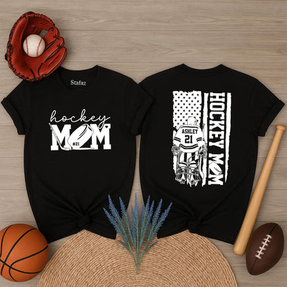 Custom Hockey Mom Shirt with Ashley 21 Name and Number, Bold Script Hockey MOM Puck Design & Flag Goalie Uniform for Sports Fan
