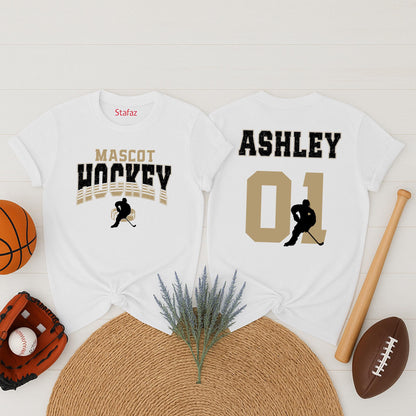 Personalized Hockey Mom Sweatshirt: Custom Team Name & Number, Varsity Style, Game Day Apparel, Ashley 01, Hockey Player Silhouette Design, Gold Graphics