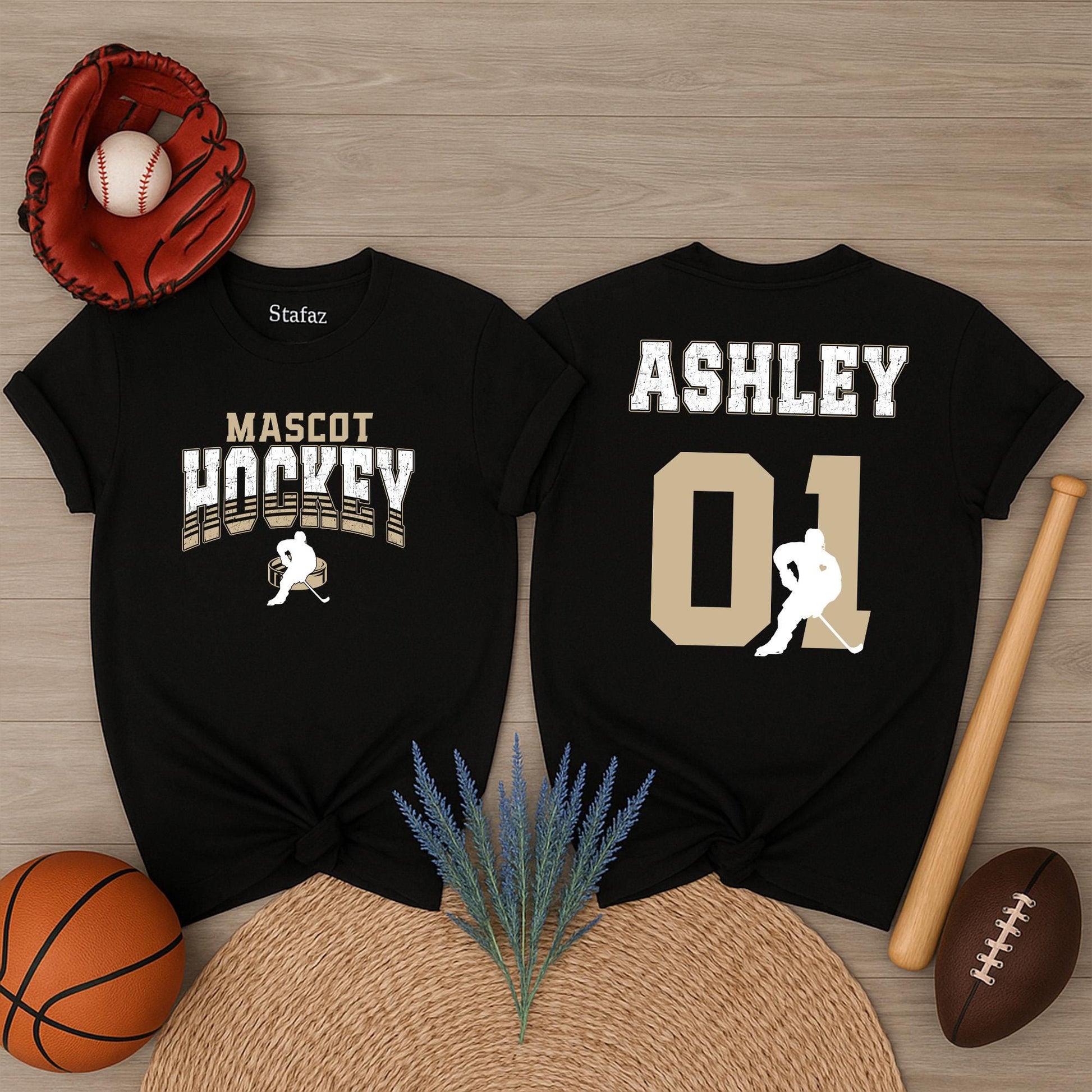 Personalized Hockey Mom Sweatshirt: Custom Team Name & Number, Varsity Style, Game Day Apparel, Ashley 01, Hockey Player Silhouette Design, Gold Graphics