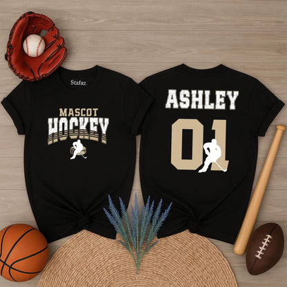 Personalized Hockey Mom Sweatshirt: Custom Team Name & Number, Varsity Style, Game Day Apparel, Ashley 01, Hockey Player Silhouette Design, Gold Graphics