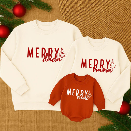 Merry Dada Mama Mini Christmas Sweatshirts, Matching Family Holiday Outfit, Fun Playful Design, Modern Christmas Tree, Comfy Winter Sweaters, Soft Cotton Blend