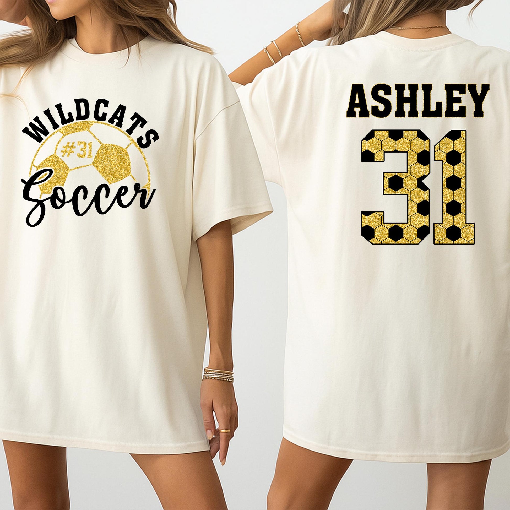 Custom Glitter Hexagon Soccer Player Shirt Wildcats #31 Script Name Personalized Game Day Spirit Outfit Ashley