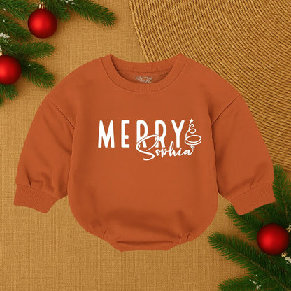 Custom Merry Sophia Christmas Baby Romper, First Christmas Outfit, Personalized Holiday Baby Bubble, Santa Baby Clothes