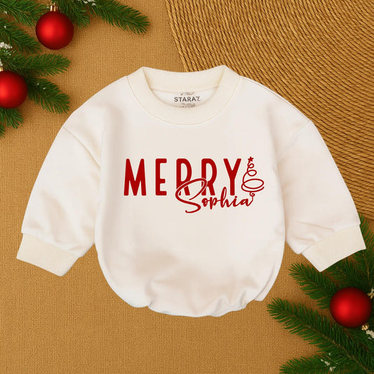 Custom Merry Sophia Christmas Baby Romper, First Christmas Outfit, Personalized Holiday Baby Bubble, Santa Baby Clothes