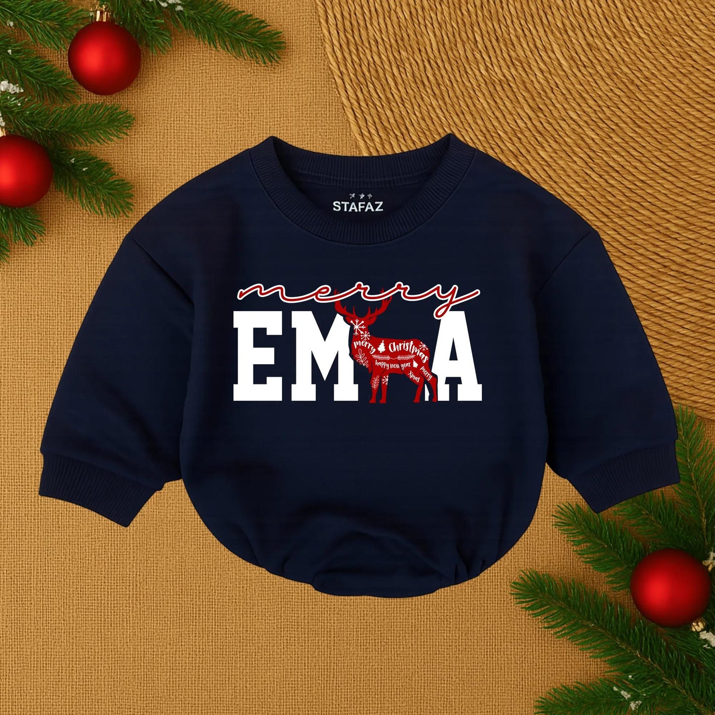 Merry Christmas Baby Romper Red Collegiate Letters Reindeer Silhouette Custom Infant First Christmas Outfit Cozy Holiday Gift