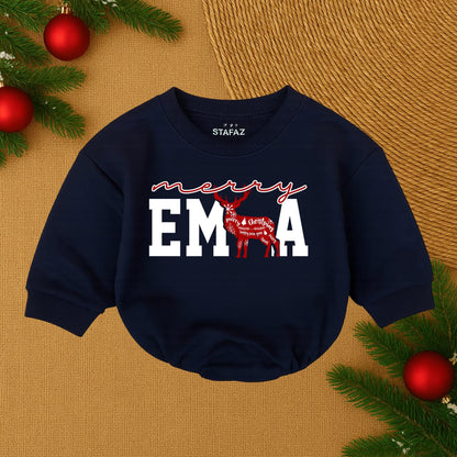Merry Christmas Baby Romper Red Collegiate Letters Reindeer Silhouette Custom Infant First Christmas Outfit Cozy Holiday Gift