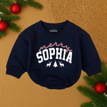 Custom Merry Christmas SOPHIA Baby Romper, Festive Deer Tree Design, Personalized Holiday Outfit, Soft Cotton Clothes for Girl, Santa Baby Gift 1st Xmas (139)