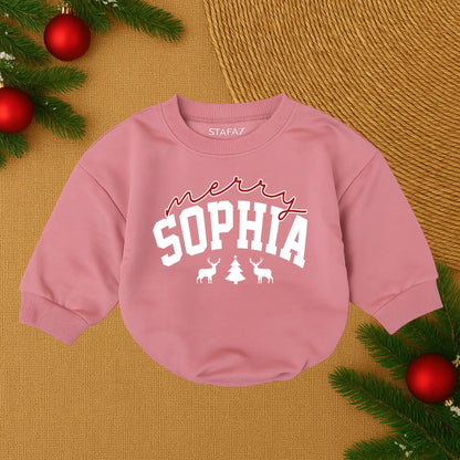 Custom Merry Christmas SOPHIA Baby Romper, Festive Deer Tree Design, Personalized Holiday Outfit, Soft Cotton Clothes for Girl, Santa Baby Gift 1st Xmas (139)