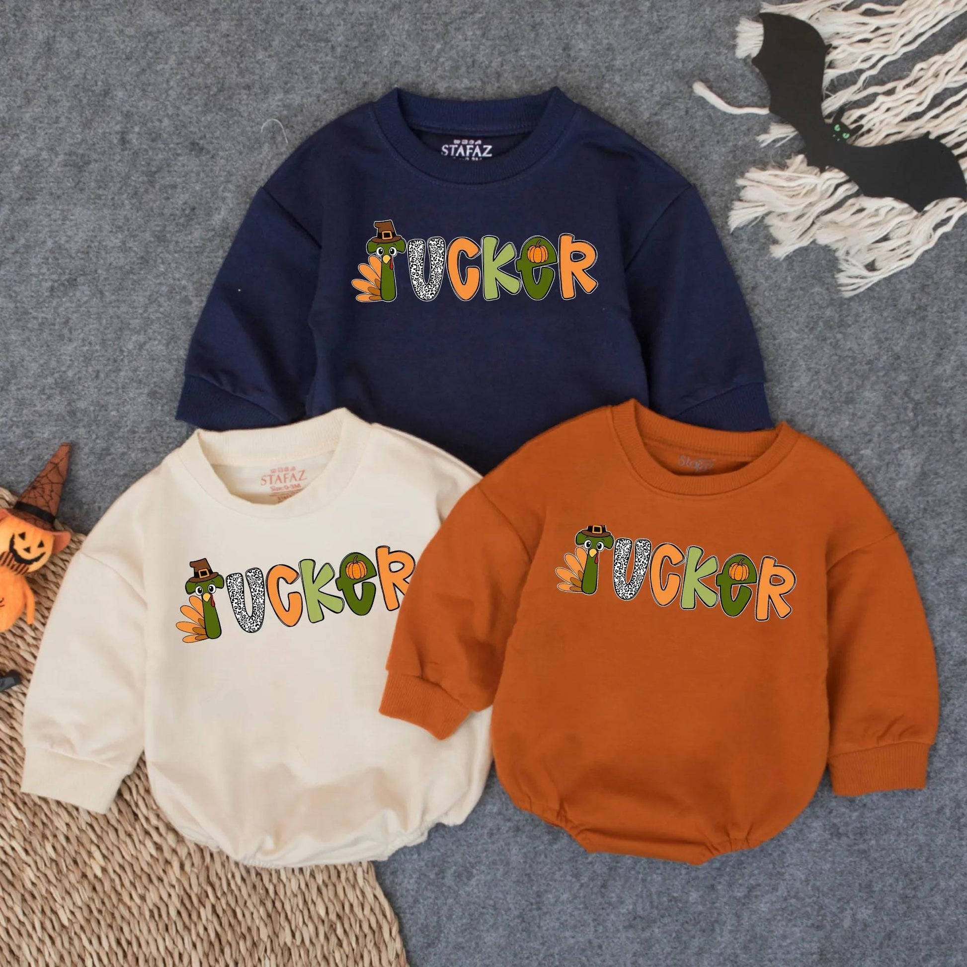 Customized Boys First Thanksgiving Bubble Romper Tucker Turkey Design, Infant Fall Bodysuit Colorful Pilgrim Hat Pumpkin Animal Print