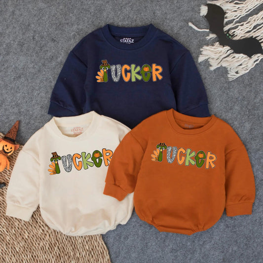 Customized Boys First Thanksgiving Bubble Romper Tucker Turkey Design, Infant Fall Bodysuit Colorful Pilgrim Hat Pumpkin Animal Print