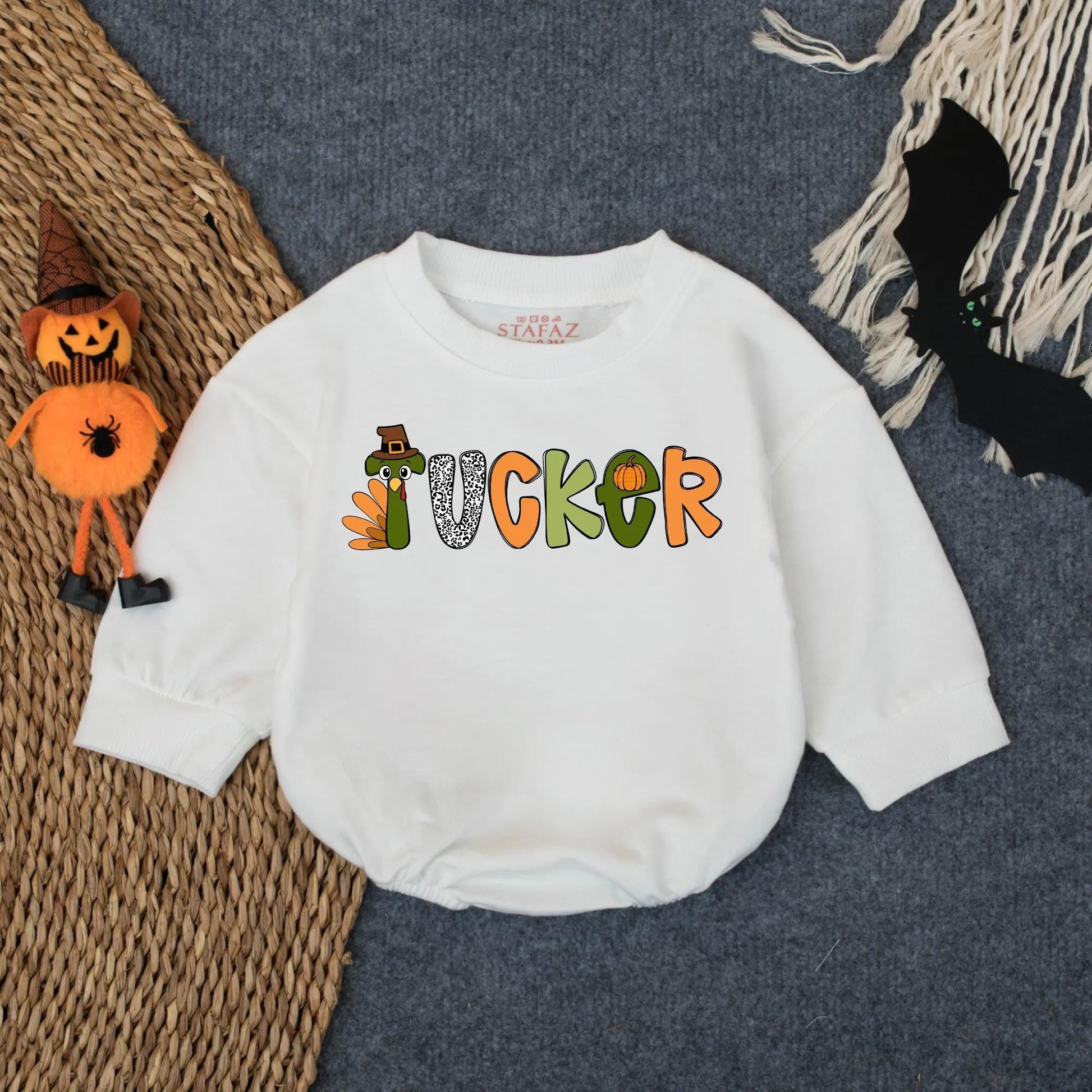 Customized Boys First Thanksgiving Bubble Romper Tucker Turkey Design, Infant Fall Bodysuit Colorful Pilgrim Hat Pumpkin Animal Print