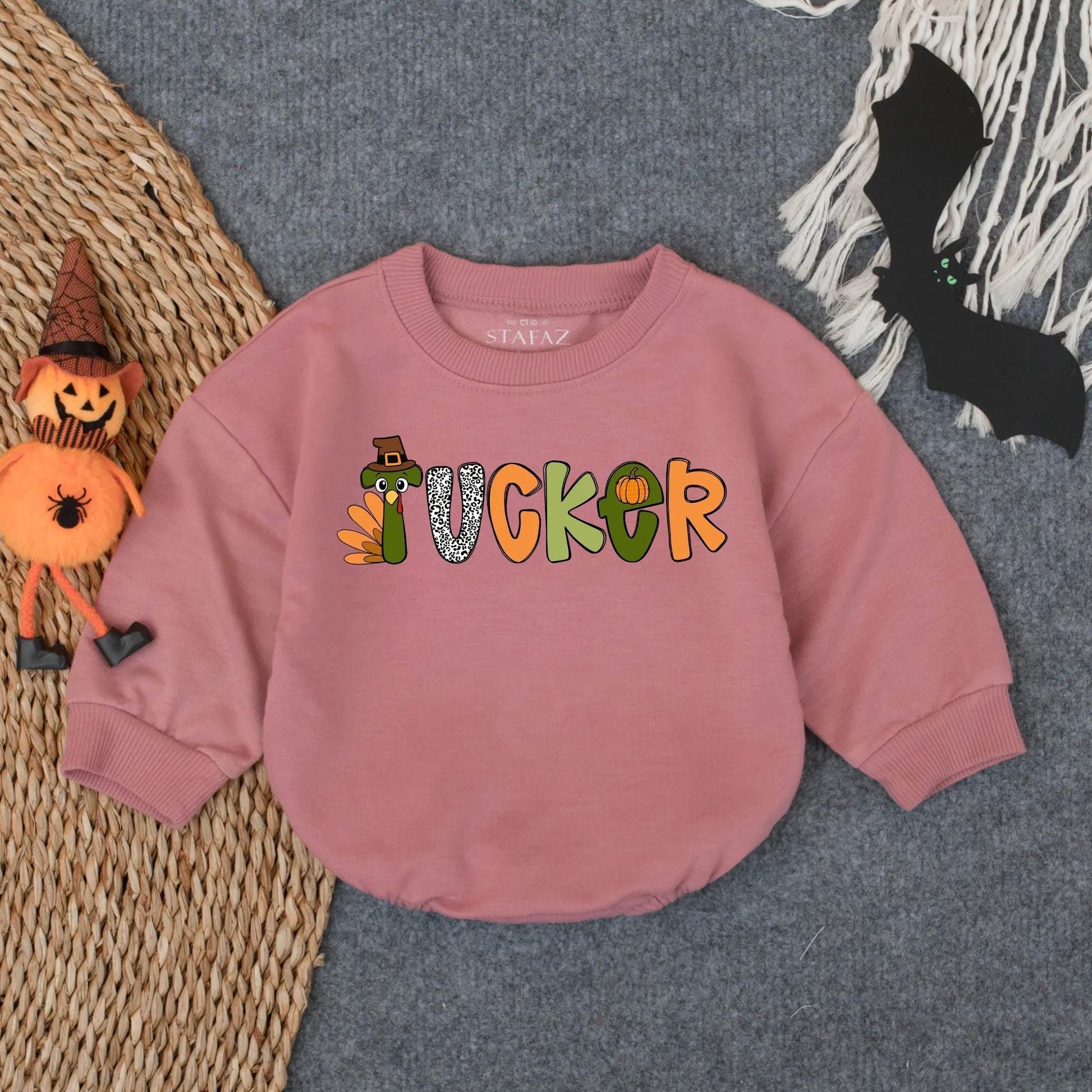 Customized Boys First Thanksgiving Bubble Romper Tucker Turkey Design, Infant Fall Bodysuit Colorful Pilgrim Hat Pumpkin Animal Print