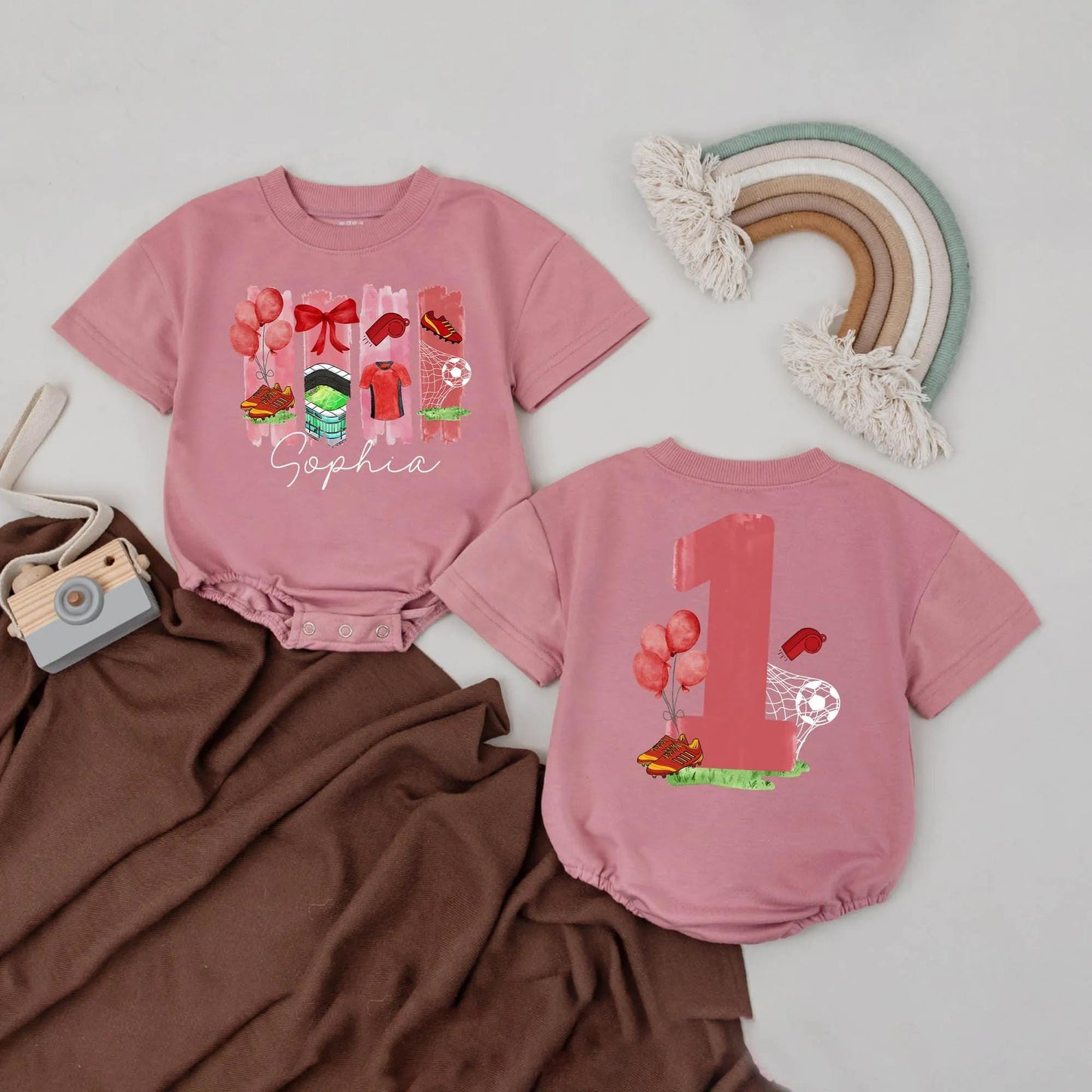 Sophia's Soccer Bow Bubble Romper Custom 1st Birthday Outfit Baby Girls Game Day Sports Party Gift Red Balloons Stadium Jersey