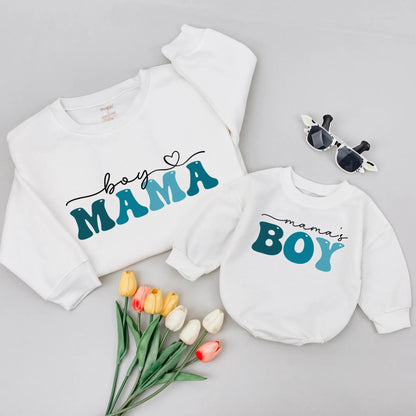Mommy and Me Matching Boy Mama Sweatshirts Mama's Boy Teal Turquoise Heart Mother Son Outfit Playful Modern Mother's Day Gift