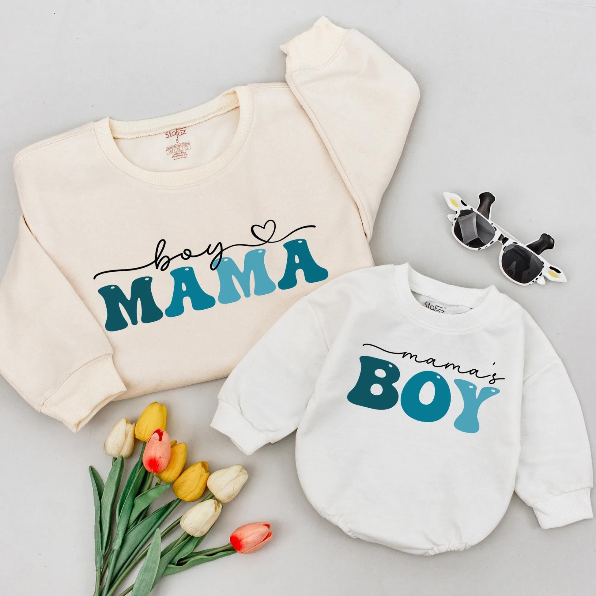 Mommy and Me Matching Boy Mama Sweatshirts Mama's Boy Teal Turquoise Heart Mother Son Outfit Playful Modern Mother's Day Gift