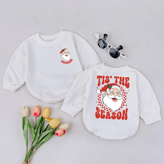 Personalized Retro Santa Romper: Tis The Season Baby Bodysuit, Custom Name 1st Xmas Outfit, Vintage Holiday Newborn Clothes, Cheerful Winter Gift (139 chars)